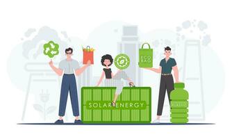 Concept of green world and ecology. ECO team. Cartoon trendy style. Vector illustration.