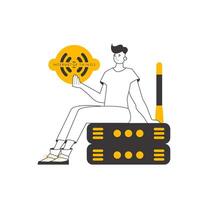 A man holds the internet of things logo in his hands. Linear style. Isolated. . vector