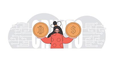 Girl is holding bitcoin and dollar. Cryptocurrency and fiat exchange theme. vector