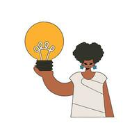 Fashionable girl holds a light bulb in her hands. Idea theme. vector