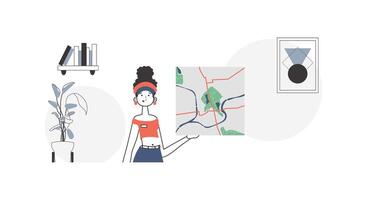 Girl with a map in her hands. Delivery concept. Lineart style. vector