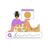 The girl sits on the search line and holds a browser window in her hands. Search for information. Retro style character. vector