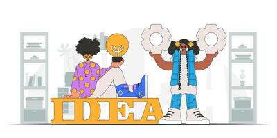 The fashion team generates ideas and solves problems. Light bulb and gears in their hands. Idea theme. Retro trendy style. vector