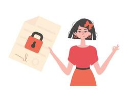 The woman is holding a document. Smart contract. Data protection. Trend style character. vector