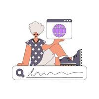 A man sits on a search bar and holds a web browser in his hands. Search for information. Linear retro style character. vector