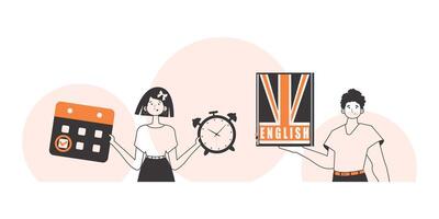 English teacher team The concept of learning a foreign language. Lineart modern style. vector