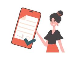 The girl is holding a document. Smart contract. Data protection. Trend style character. vector