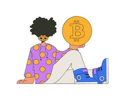 el chico es participación un bitcoin moneda en su manos. personaje de moda estilo. vector