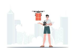 A man controls a drone with a package. Delivery concept. trendy style. Vector illustration.