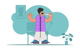 The concept of searching for information. The man is holding a magnifying glass. Linear retro style character. vector