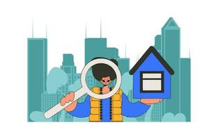 el concepto de poseer un hogar. un atractivo corredor de bienes raíces chico es de venta un casa. vector