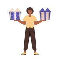 A young guy is holding a gift. Modern style. Vector. vector