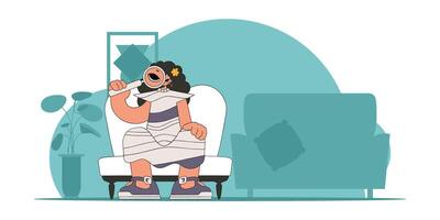 Concept Finding the necessary information on the Internet. The guy is holding a magnifying glass in his hands. Linear retro style character. vector