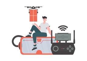 el concepto de carga entrega por aire. un hombre control S un quadcopter con un paquete. aislado. de moda estilo. vector ilustración.