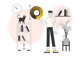 The designer guy holds a color wheel in his hands. Lines modern style. illustration. vector