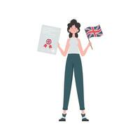 Woman teacher shows that it's time to learn English. The concept of learning English. Isolated. trendy style. Vector illustration.