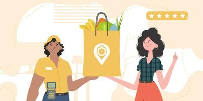 Delivery concept. A male courier holds a bag of food. Trendy flat style. Vector. vector