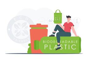 Concept of green world and ecology. The guy sits on a bottle made of biodegradable plastic and holds an ECO BAG in his hands. Trend style. illustration. vector