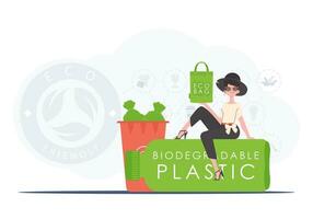 el concepto de ecología y cuidado para el ambiente. el niña se sienta en un botella con biodegradable el plastico y sostiene un eco bolso en su manos. tendencia estilo.vector ilustración. vector