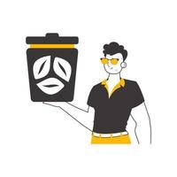 The guy is holding a trash can. The concept of recycling plastic and waste. Lineart style. Isolated on white background. illustration. vector