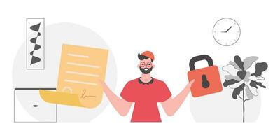 Data protection concept. Smart contract. The guy is holding a contract in his hand. vector