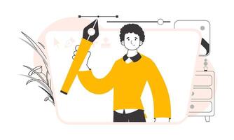 The designer guy holds a pen tool for 2D graphics in his hand. Line art style. . vector