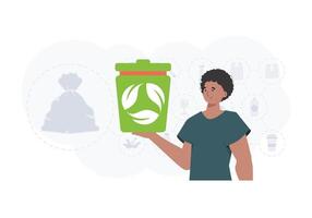 The concept of ecology and recycling. A man holds a trash can in his hands. Trendy character style. Vetcor. vector