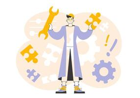 A man is holding a wrench and a puzzle. Teamwork theme. Linear style. vector