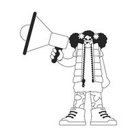 Efficient HR specialist woman holding a megaphone in her hands. HR topic. Linear black and white style. vector