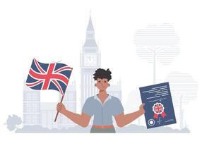 The concept of learning English. Male teacher shows that it's time to learn English. Trendy flat style. Illustration in . vector