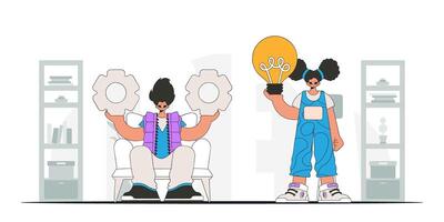 An elegant team generates ideas and solves problems. Light bulb and gears in their hands. Idea concept. trendy character. vector