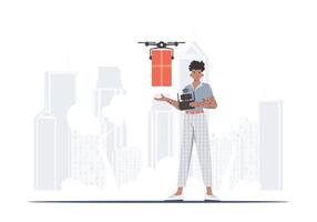 A man controls a quadcopter with a package. The concept of cargo delivery by air. Vector. vector