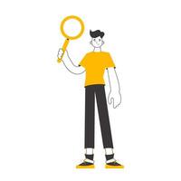The guy is holding a magnifying glass in his hands. Search concept. Linear trendy style. Isolated on white background. . vector