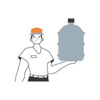 Water delivery concept. Deliveryman. with a large bottle of water in hand. Linear style. vector