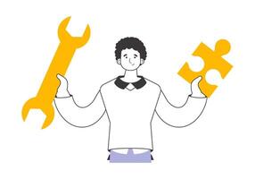 The guy is holding a wrench and a puzzle. Teamwork theme. Linear style. Isolated. Vector. vector