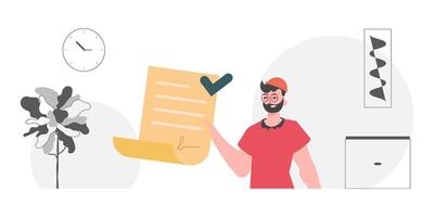 Smart contract concept. Data protection. A man is holding a contract or document. vector