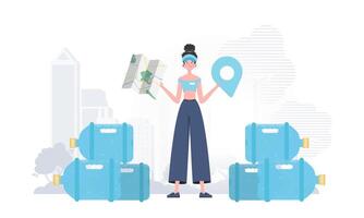 Girl water delivery operator holding a map. Stylish character is depicted in full growth. . vector