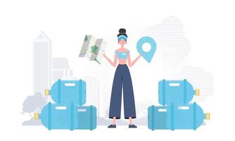 Girl water delivery operator holding a map. Stylish character is depicted in full growth. Vector. vector