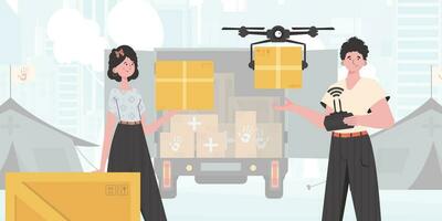 Camp for humanitarian aid. The drone is transporting the parcel. Man and woman with cardboard boxes. Vector. vector