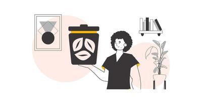 The guy is holding a trash can. The concept of recycling plastic and waste. Linear trendy style. vector