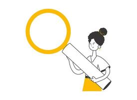 The girl is holding a magnifying glass in her hands. Modern linear style. Isolated. Vector illustration.