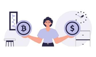 criptomoneda concepto. un hombre sostiene un bitcoin y un dólar en su manos. personaje en de moda estilo. vector