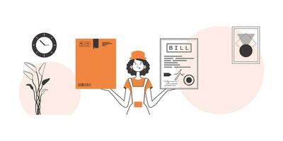 The girl holds a parcel and a check in her hands. The concept of the delivery of goods and parcels. Linear trendy style. vector