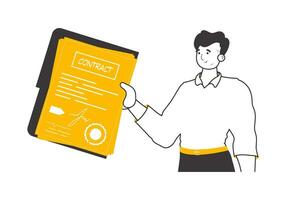 The guy is holding a contract in his hands. Lineart trendy style. Isolated. Vector illustration.