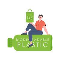 A man sits on a bottle made of biodegradable plastic and holds an ECO BAG in his hands. The concept of ecology and care for the environment. Isolated. Trend style. illustration. vector