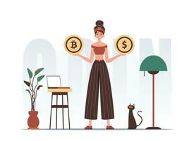 Cryptocurrency concept. A woman holds a coin of bitcoin and dollar in her hands. Character with a modern style. vector