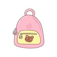 Cute backpack with bear. Kawaii backpack in pink color. Hand drawn back to school doodle. Vector design illustration isolated on white.