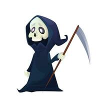 Grim reaper with scythe. Death character. Halloween skeleton costume. Vector cartoon Illustration isolated on white.