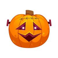 Halloween zombie pumpkin with creepy smiling face. Vector cartoon Illustration isolated on white.