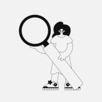 An attractive woman is holding a magnifying glass, a loupe. Linear black and white style. vector